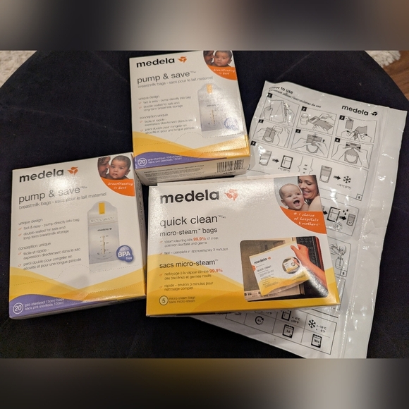 Medela Supplies Pump & Save milk Bags 2 Boxes & Steam Quick Clean Bags 1 Box - Picture 1 of 11
